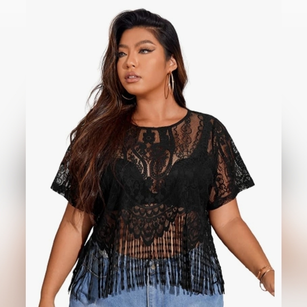 SOLY HUX Sheer Lace Fringe Hem Short Sleeve Top Size 1X. NWT - Picture 1 of 5